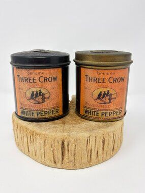 2 Vintage Three Crow Brand White Pepper Cylindrical Tin Containers Rustic Decor